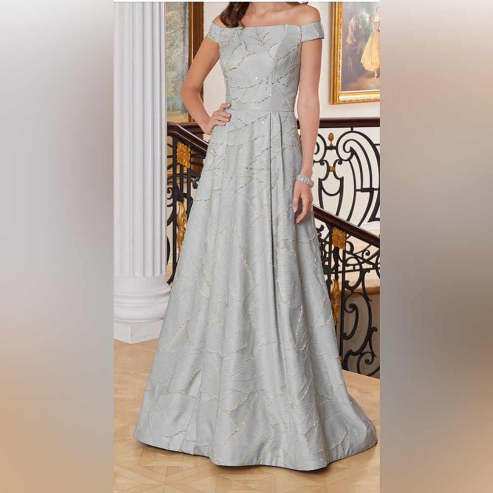 Off-Shoulder Sea Glass Evening Gown with Subtle Metallic Accents